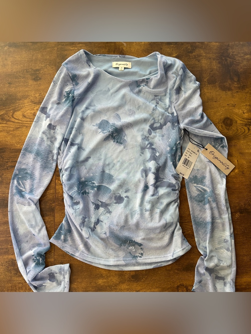 NWT Originality Dusty Blue Watercolor Floral Sheer Mesh Long Sleeve Top Size S